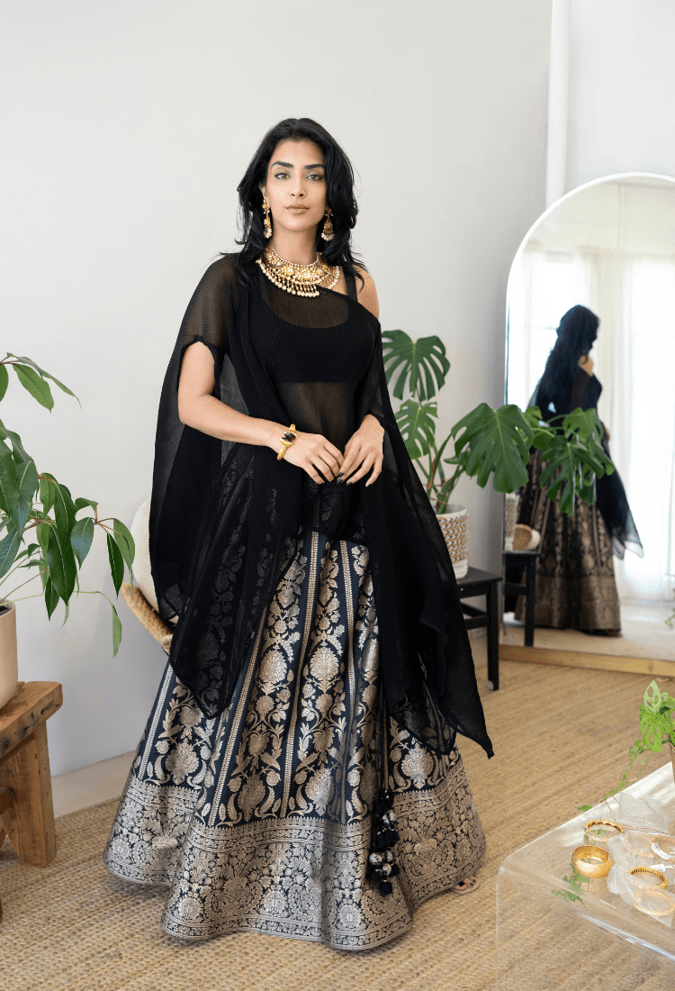 Black Benarasi Lehenga with Poncho and Crop-Top