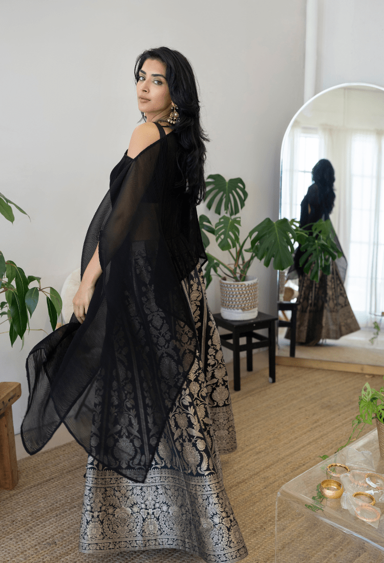 Black Benarasi Lehenga with Poncho and Crop-Top