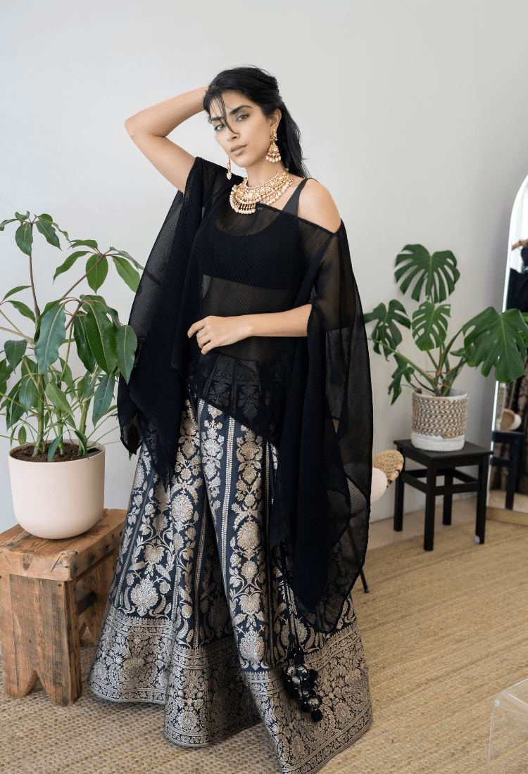 Black Benarasi Lehenga with Poncho and Crop-Top