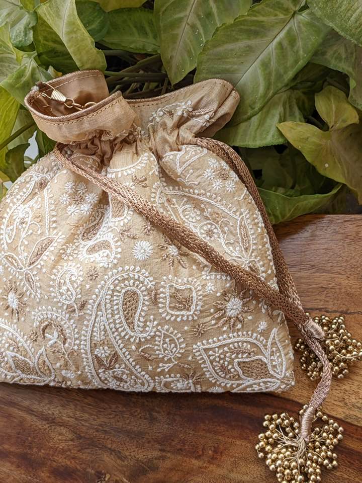 Beige Chikankari potli bag