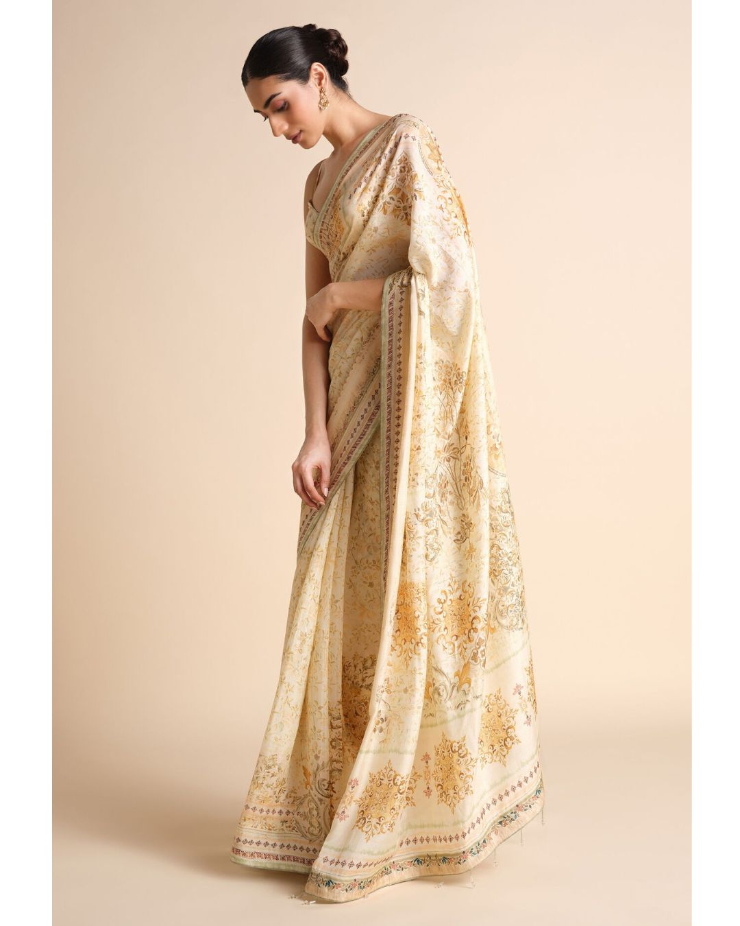 Vanora Printed Saree - Cream