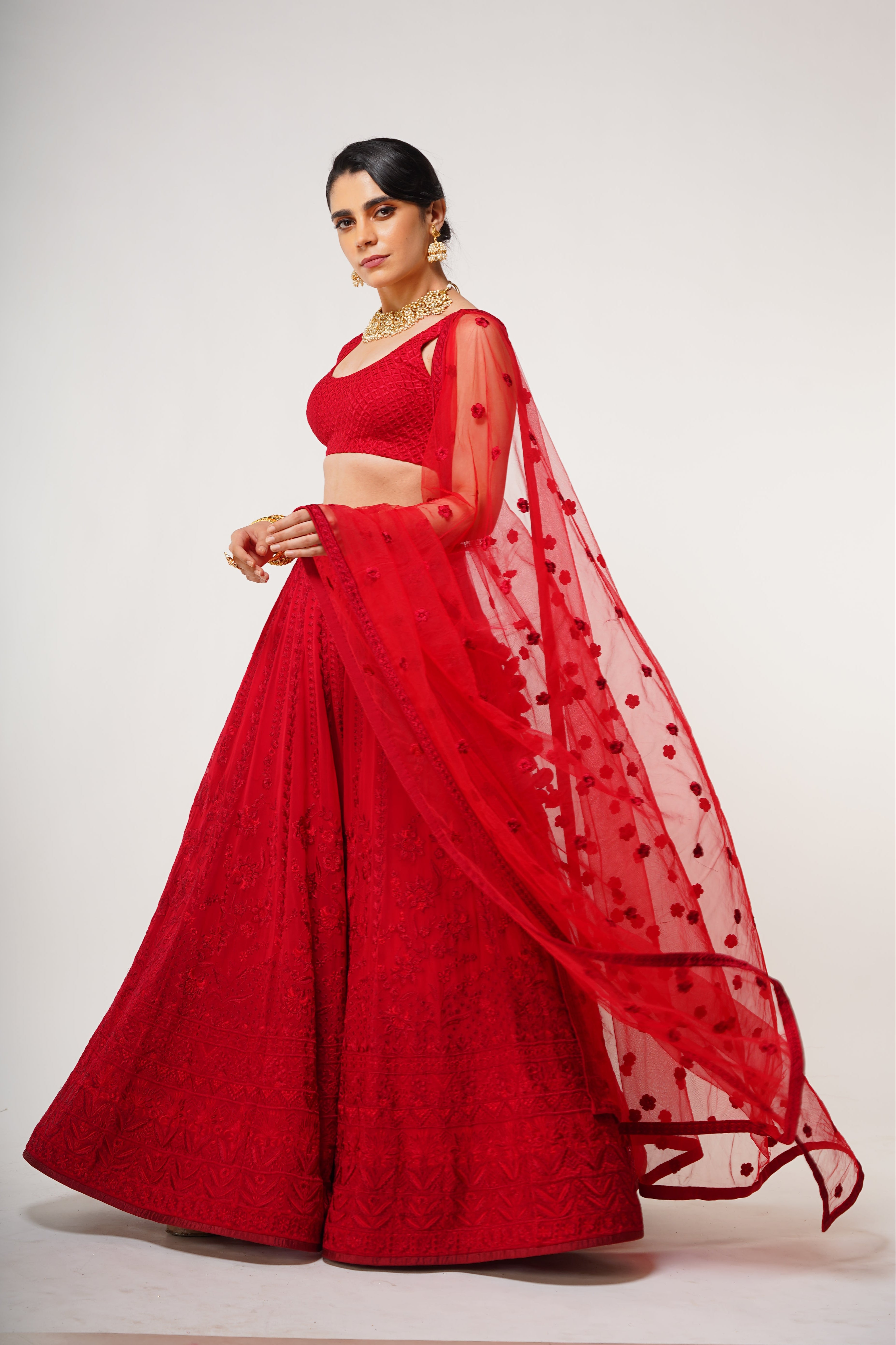 Red Threadwork Lehenga Set