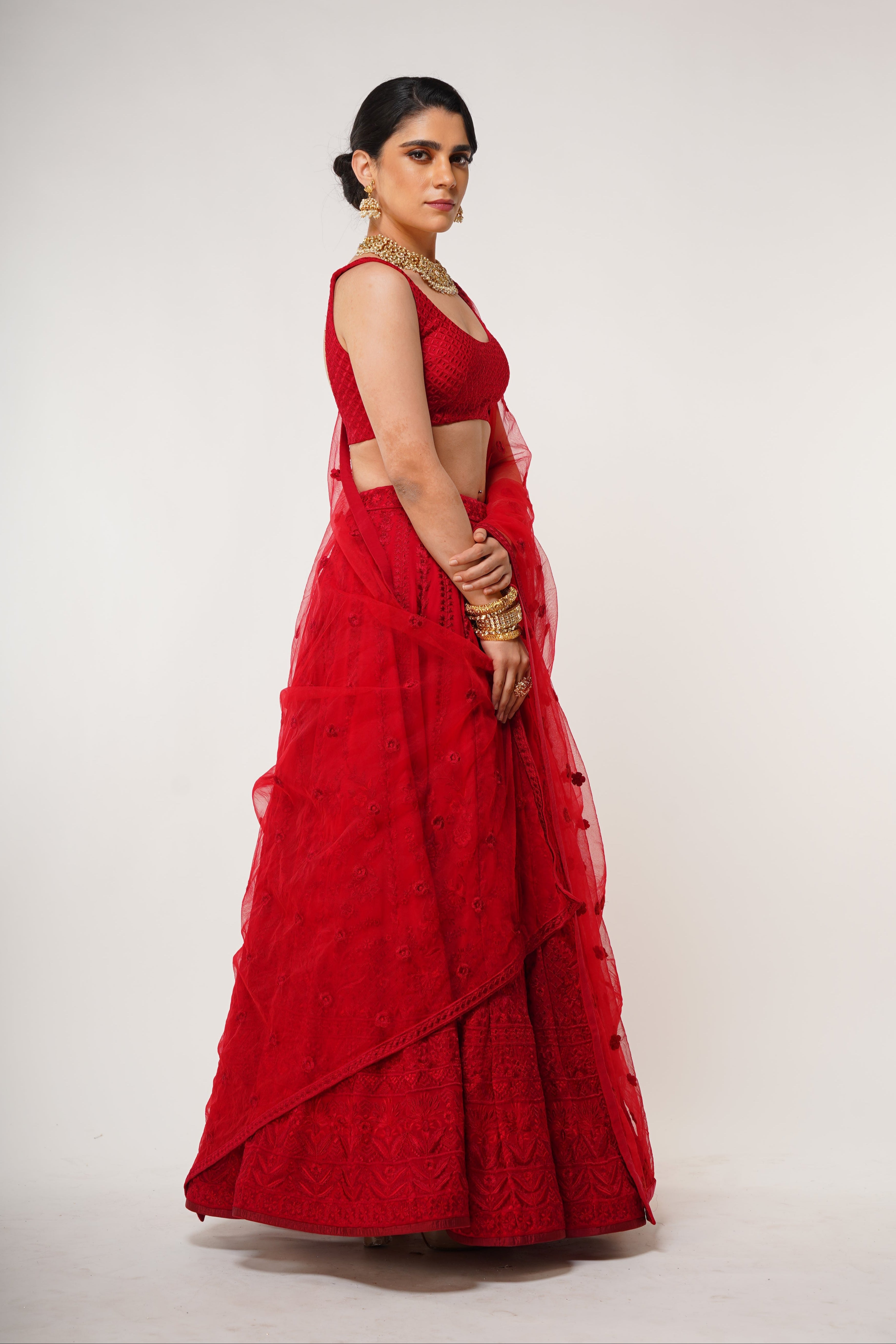 Red Threadwork Lehenga Set