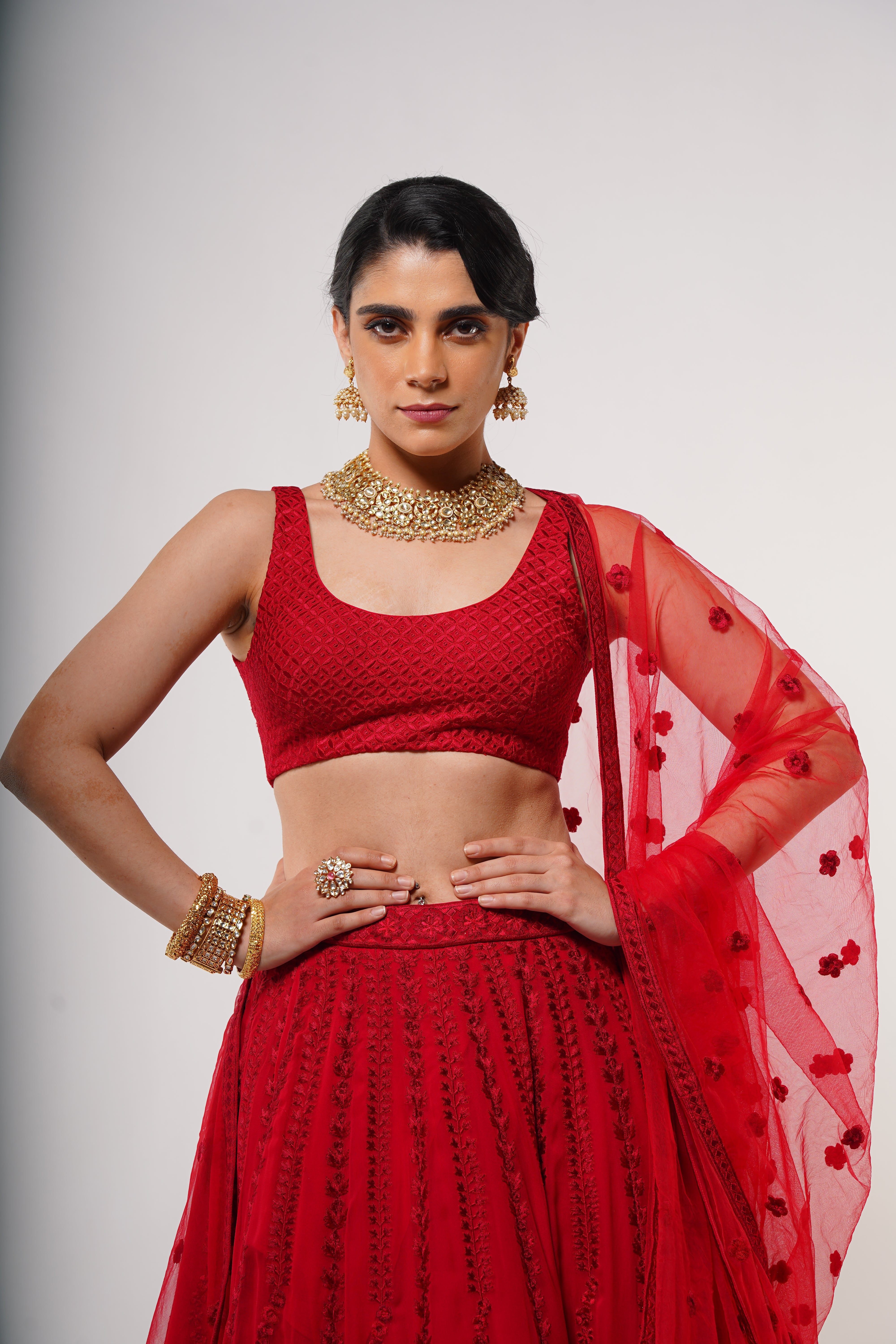 Red Threadwork Lehenga Set