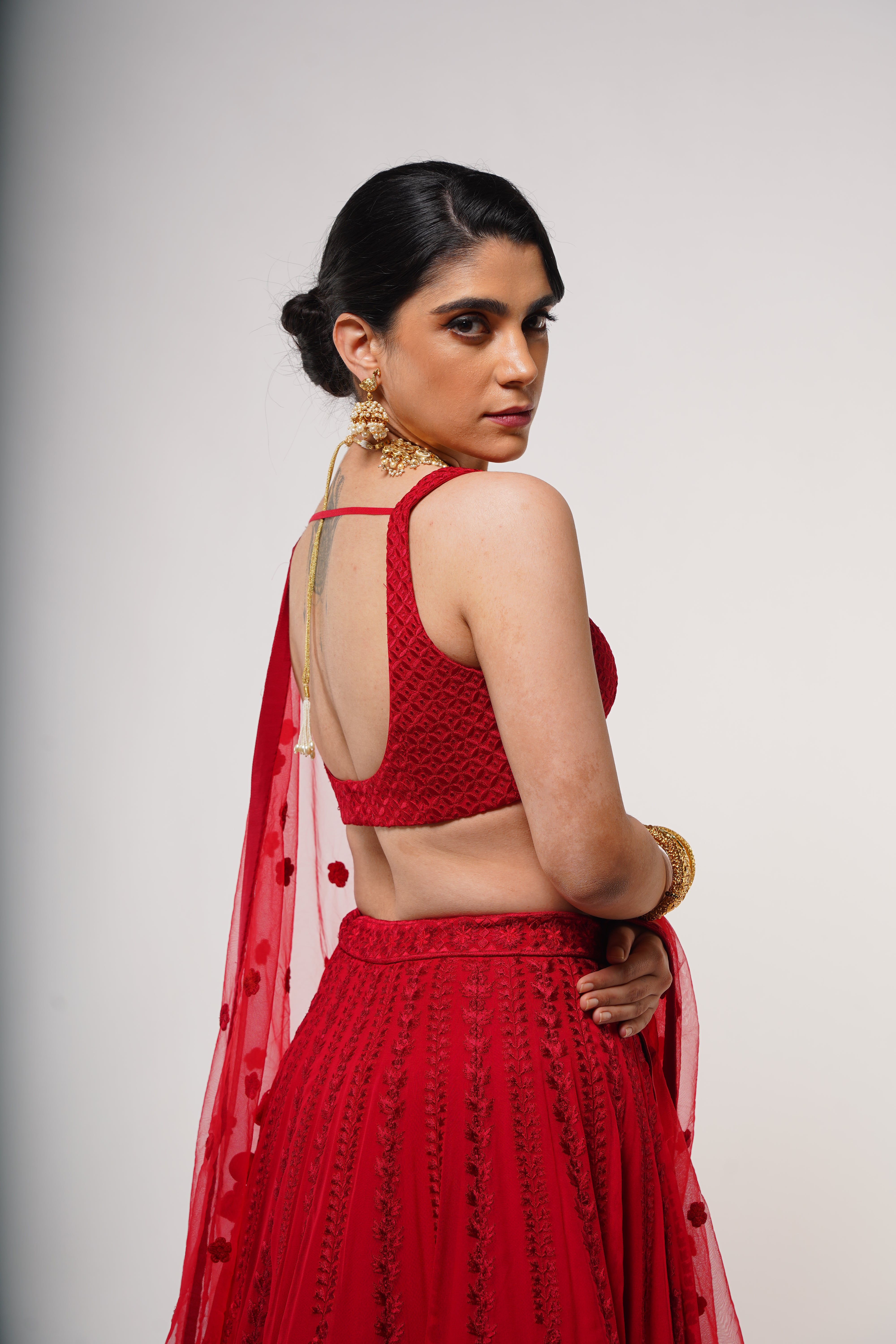 Red Threadwork Lehenga Set