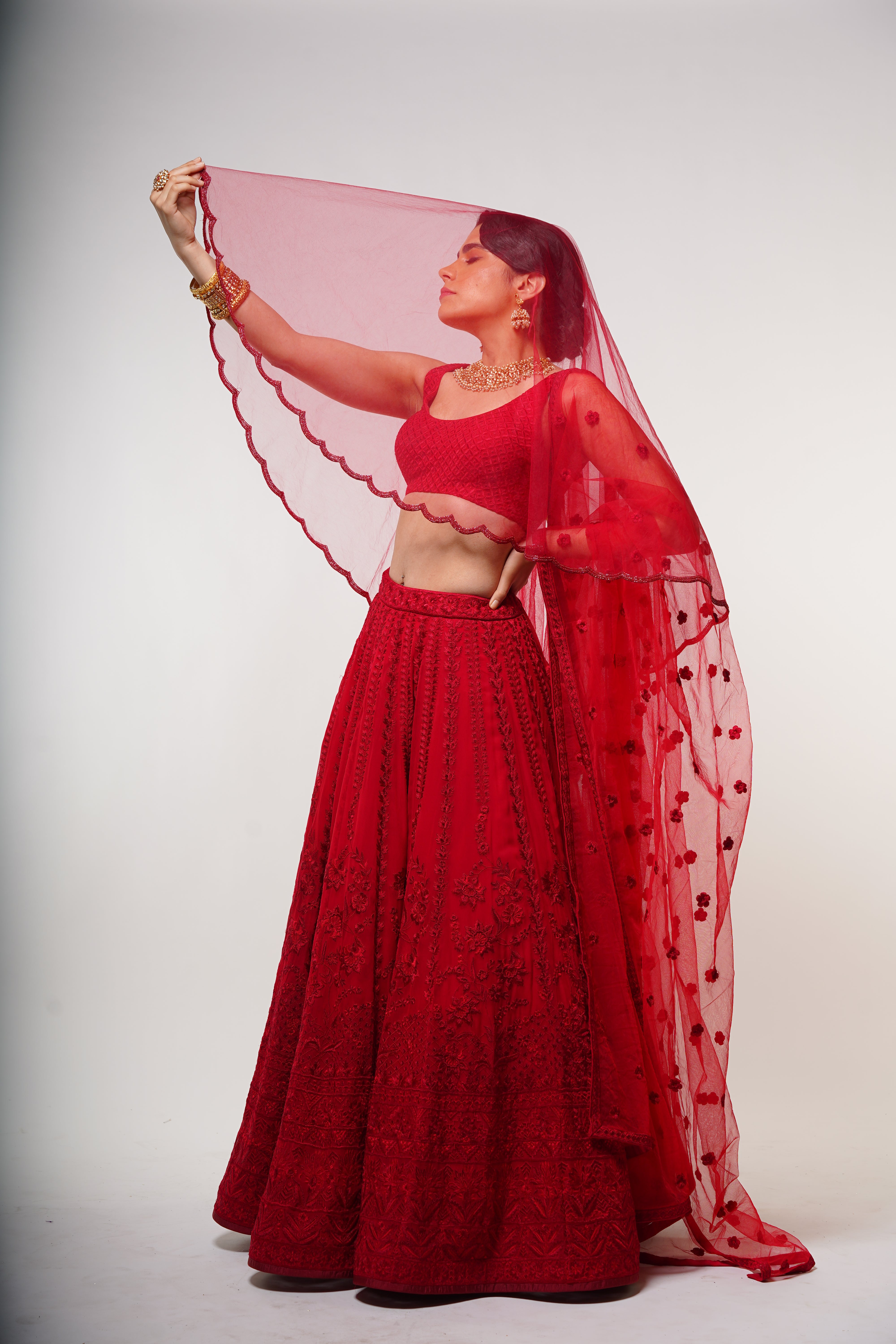 Red Threadwork Lehenga Set