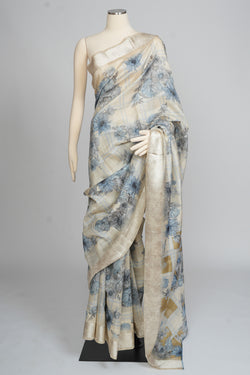 Ivory and Blue Cotton Silk Saree
