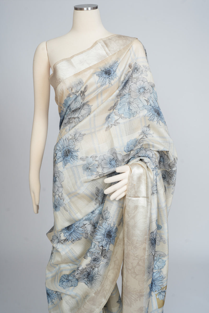 Ivory and Blue Cotton Silk Saree