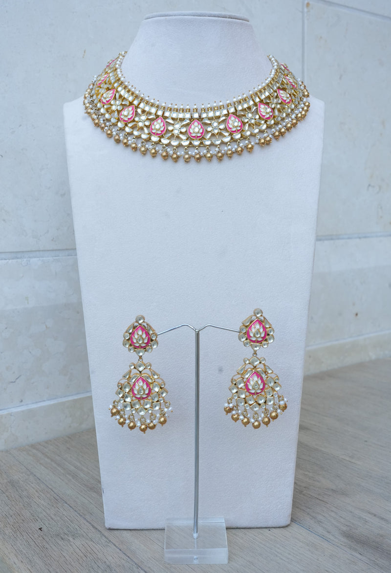 Silver Gold Plated Floral Pink Enamel Glass Necklace Set