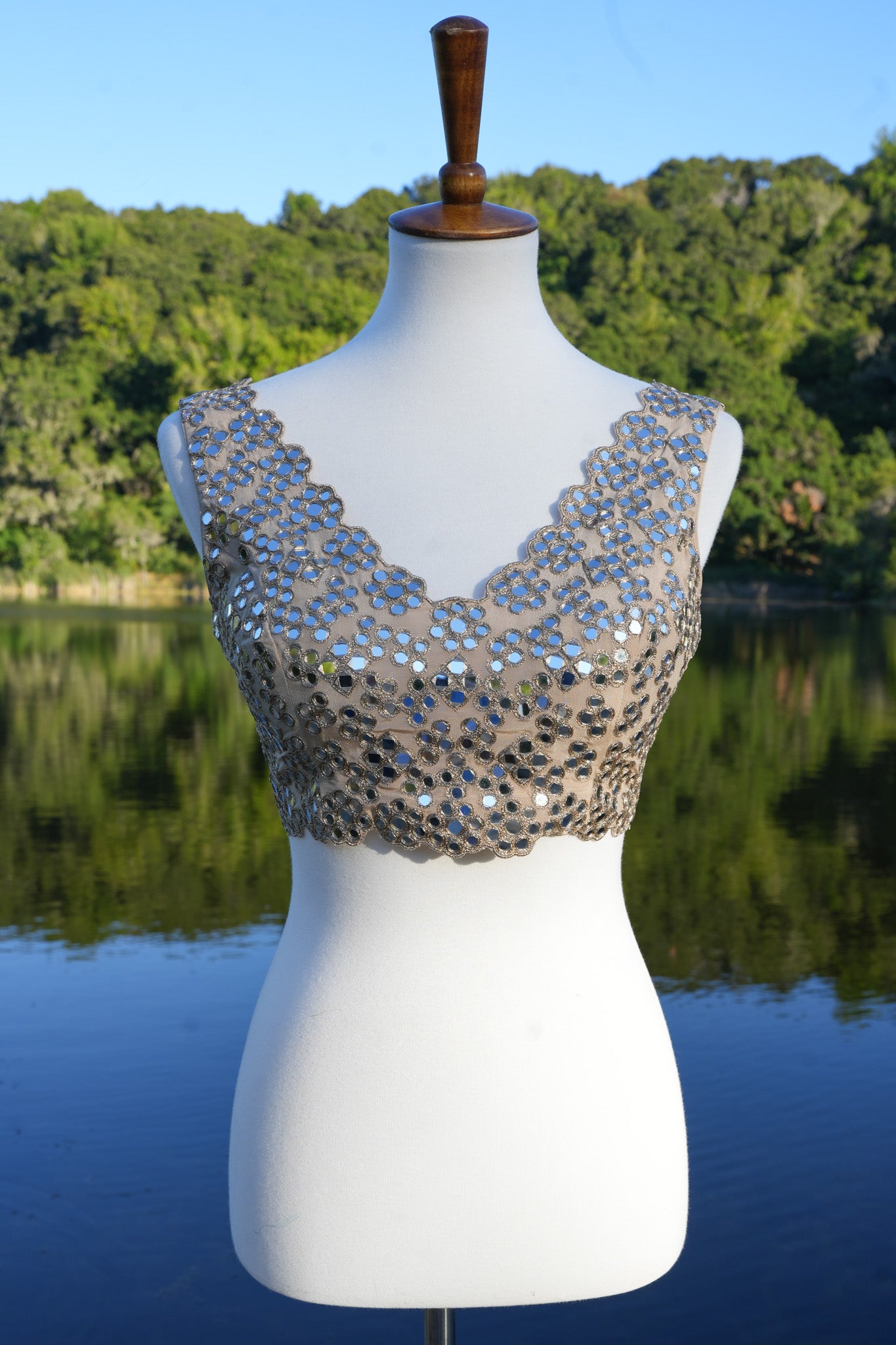 Sleeveless V Neck Mirror Work blouse