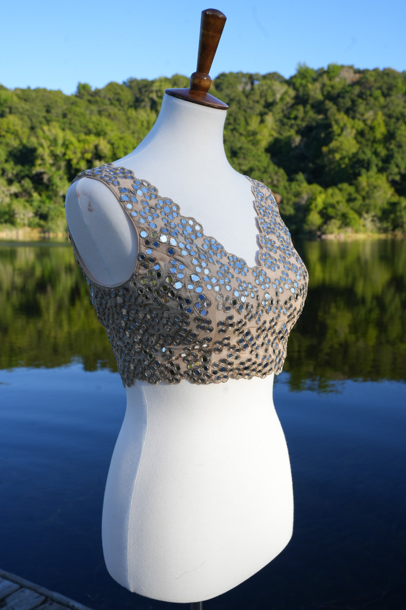 Sleeveless V Neck Mirror Work blouse