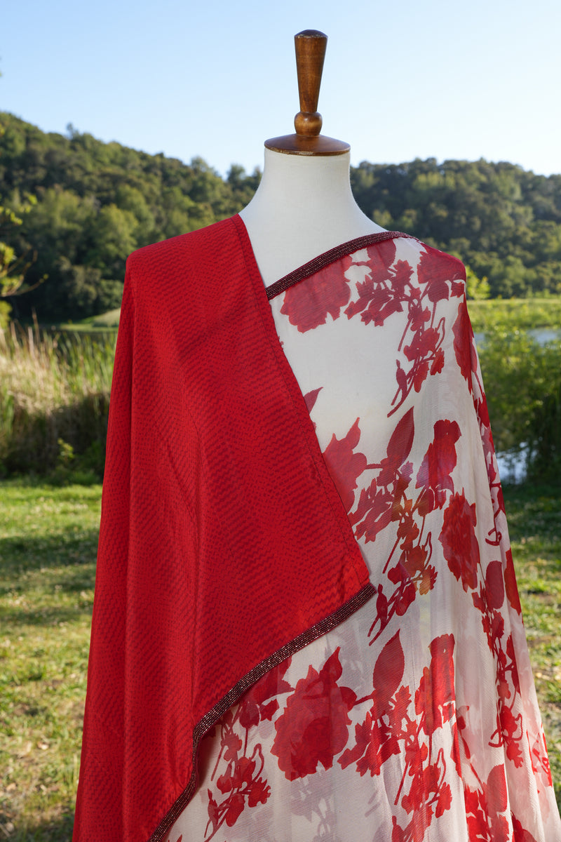 Printed chiffon saree with hand embroidered border