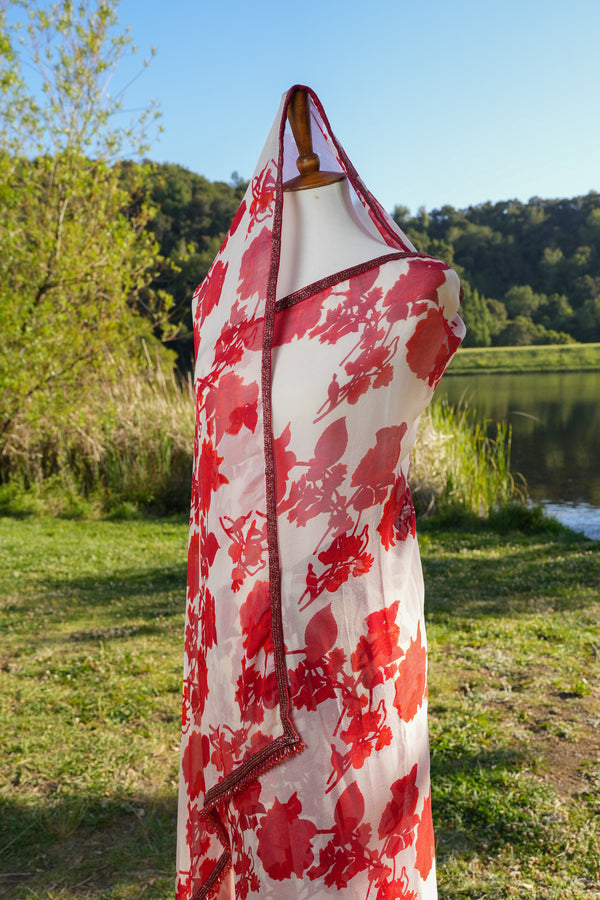 Printed chiffon saree with hand embroidered border