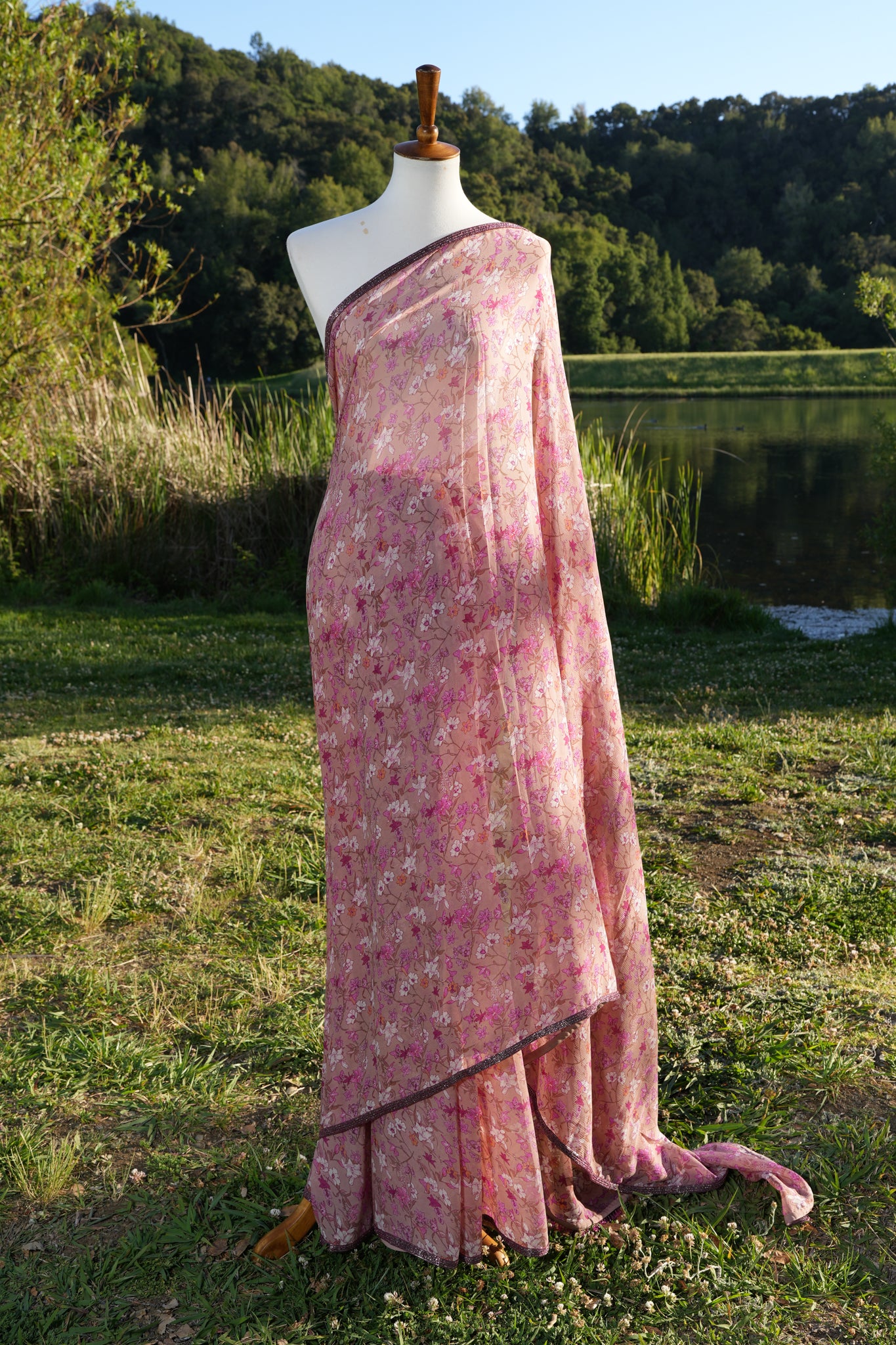 Printed chiffon saree with hand embroidered border