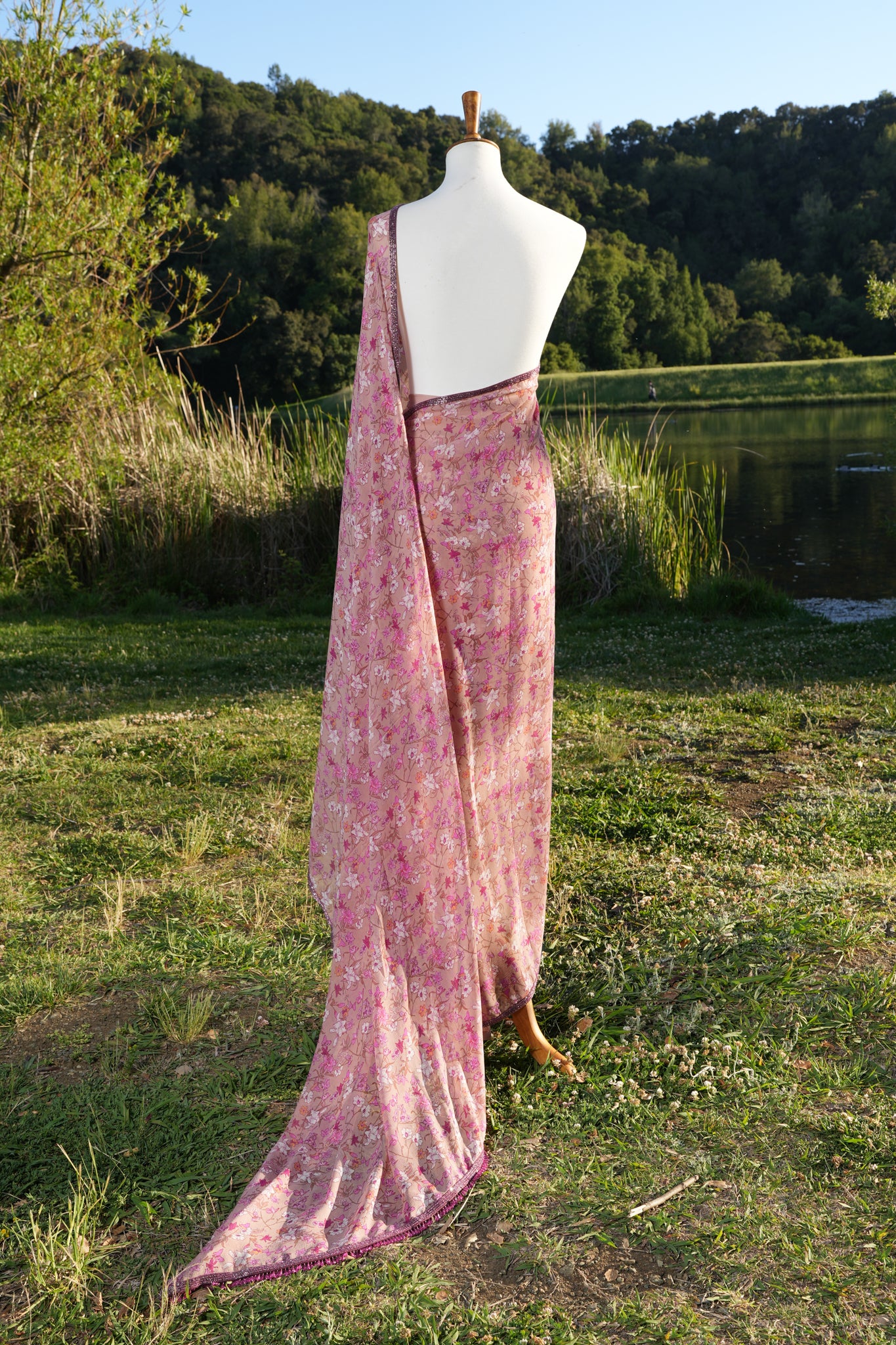 Printed chiffon saree with hand embroidered border