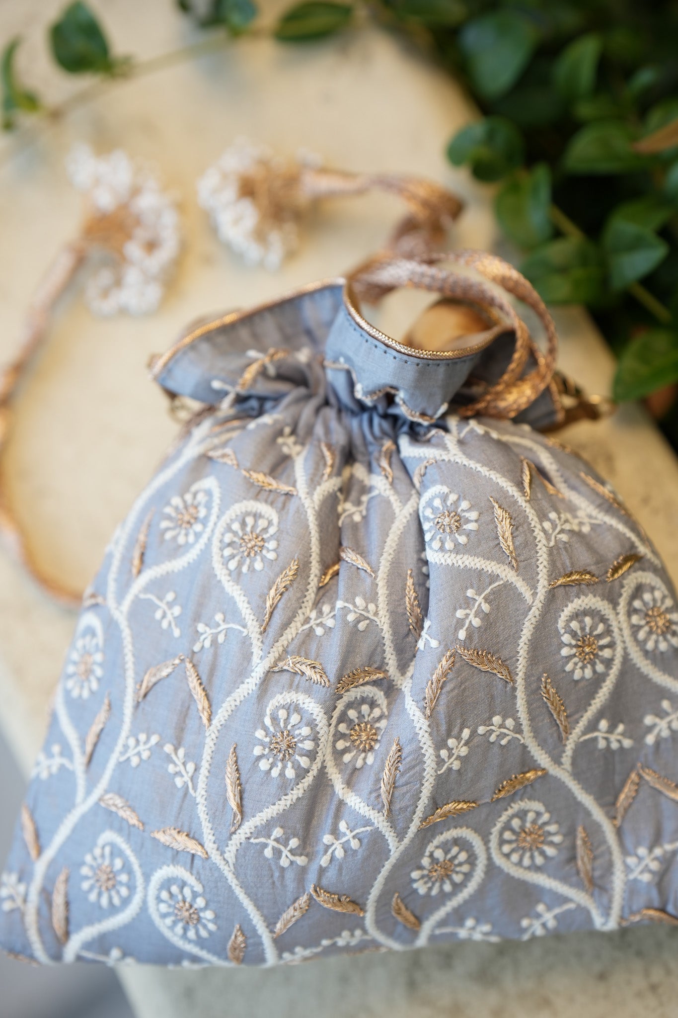 Sky Chikankari Potli Bag