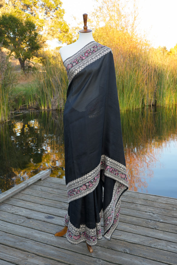 Black Tussar Saree with Embroidered Border