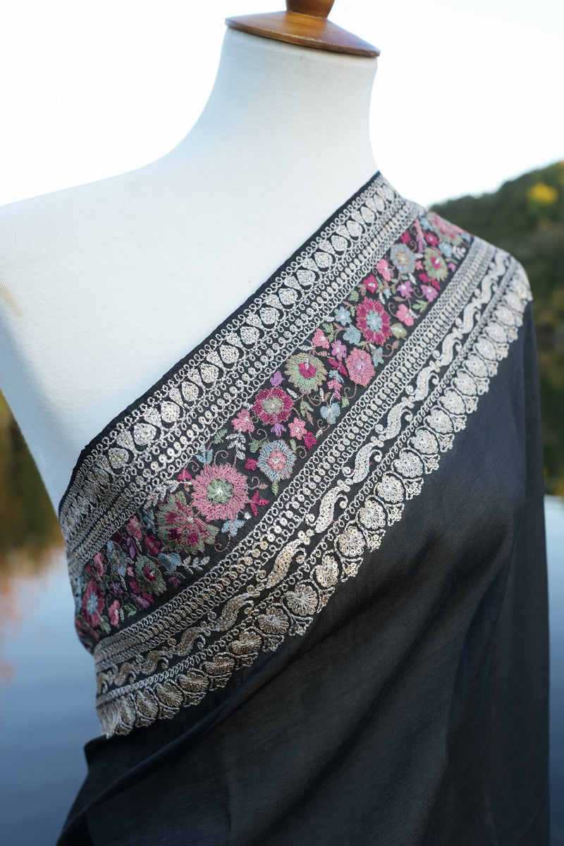 Black Tussar Saree with Embroidered Border