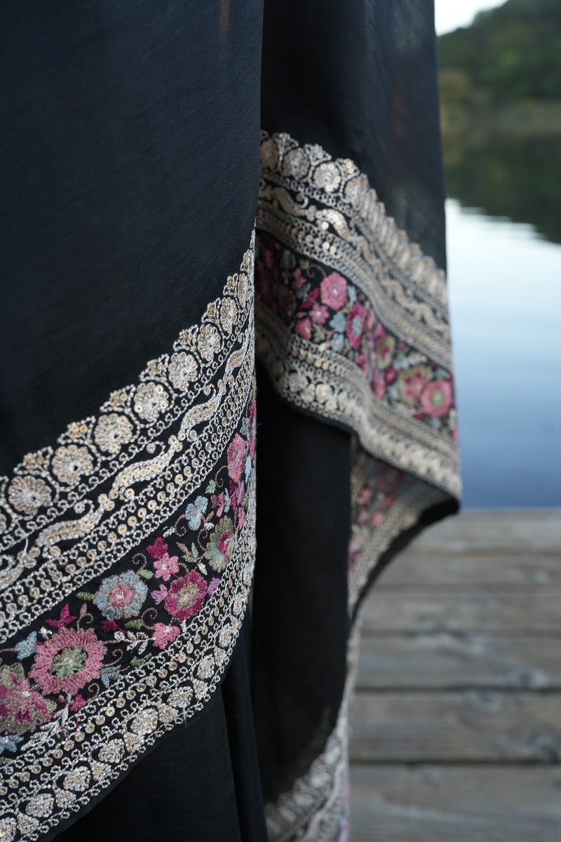 Black Tussar Saree with Embroidered Border