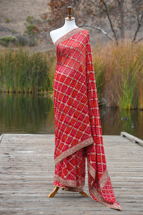 Red Bandhani Saree with hand embroidery