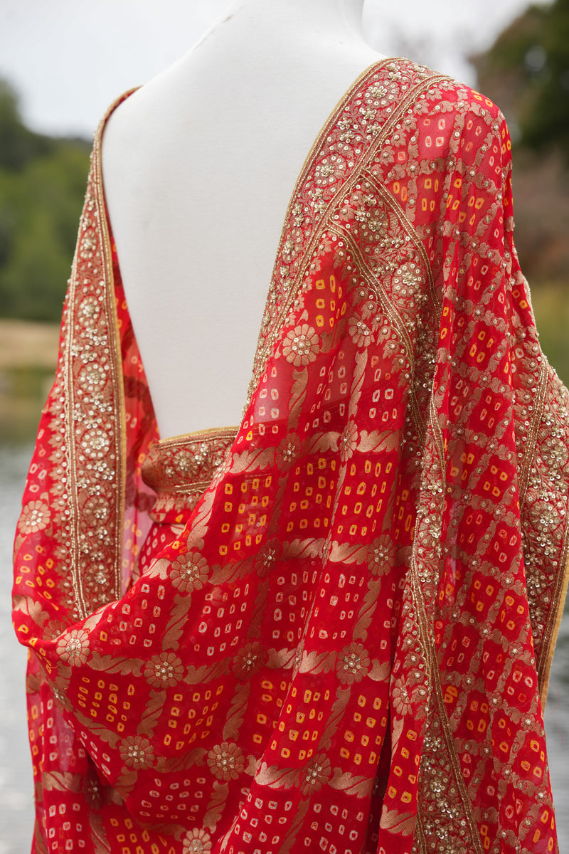 Red Bandhani Saree with hand embroidery