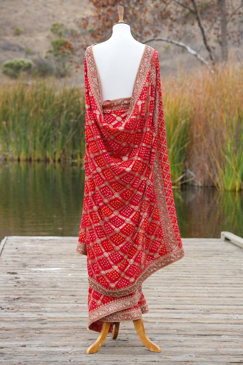 Red Bandhani Saree with hand embroidery