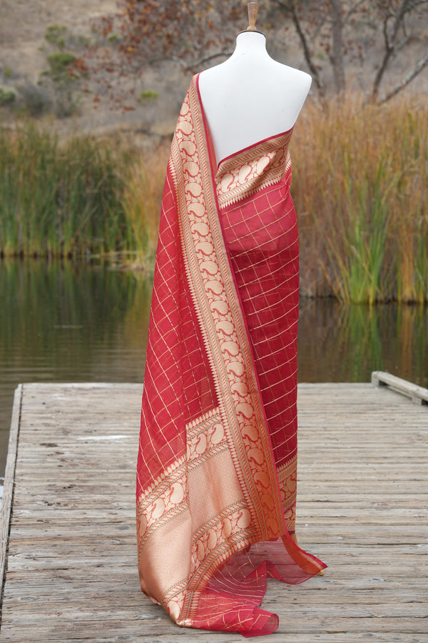 Deep Red Kora Silk Benarasi Saree