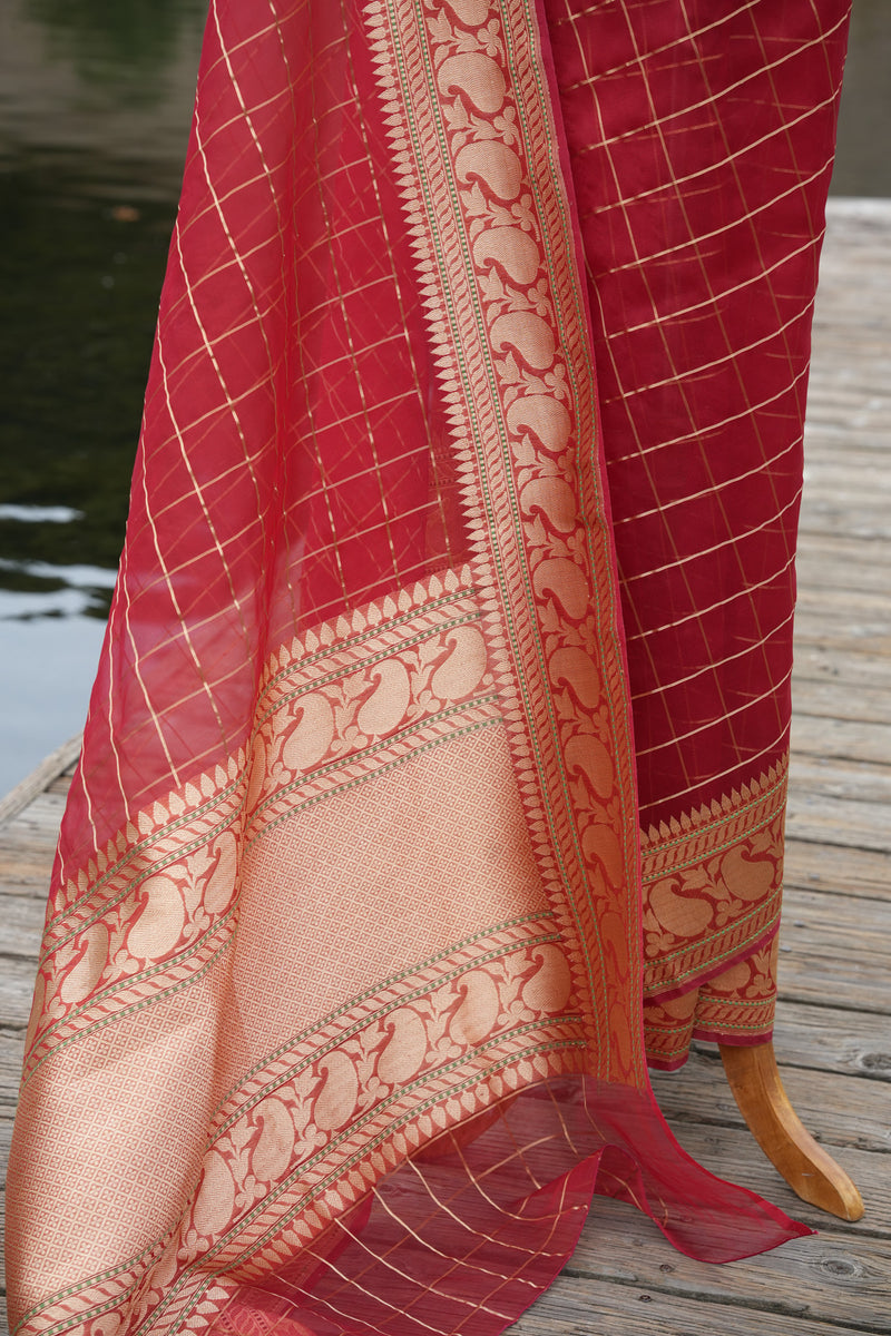 Deep Red Kora Silk Benarasi Saree