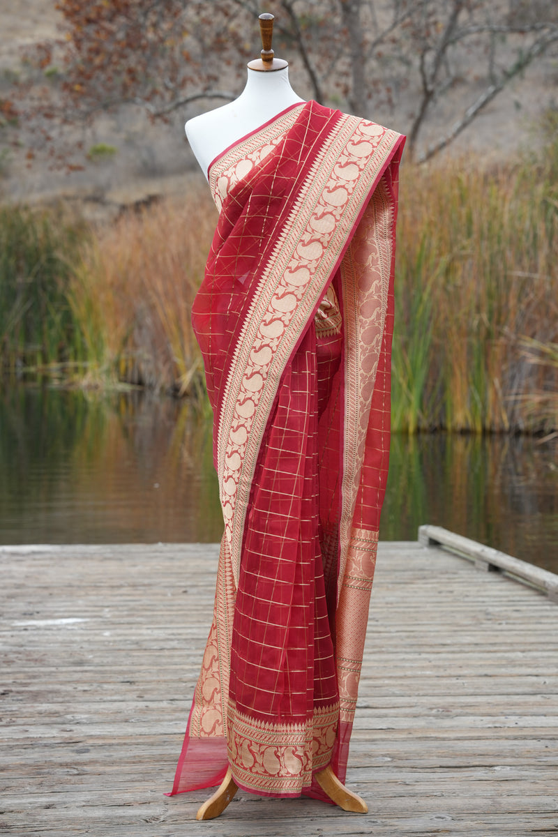 Deep Red Kora Silk Benarasi Saree