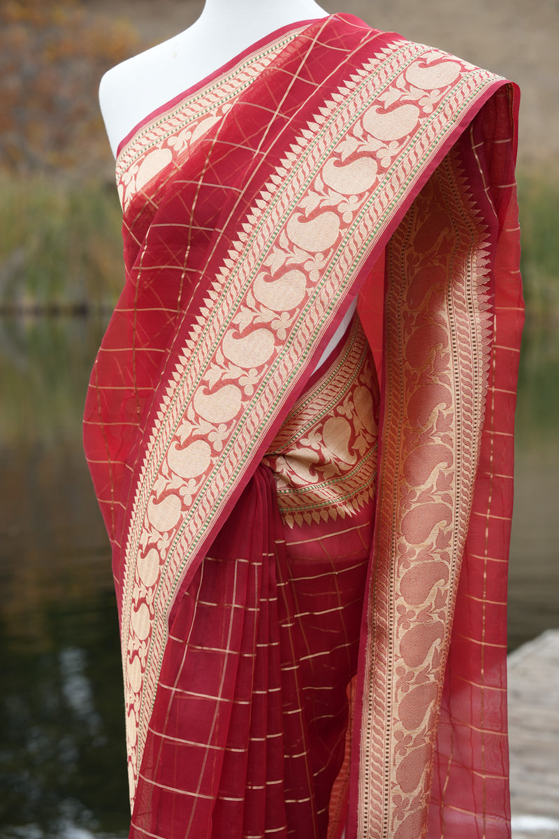 Deep Red Kora Silk Benarasi Saree