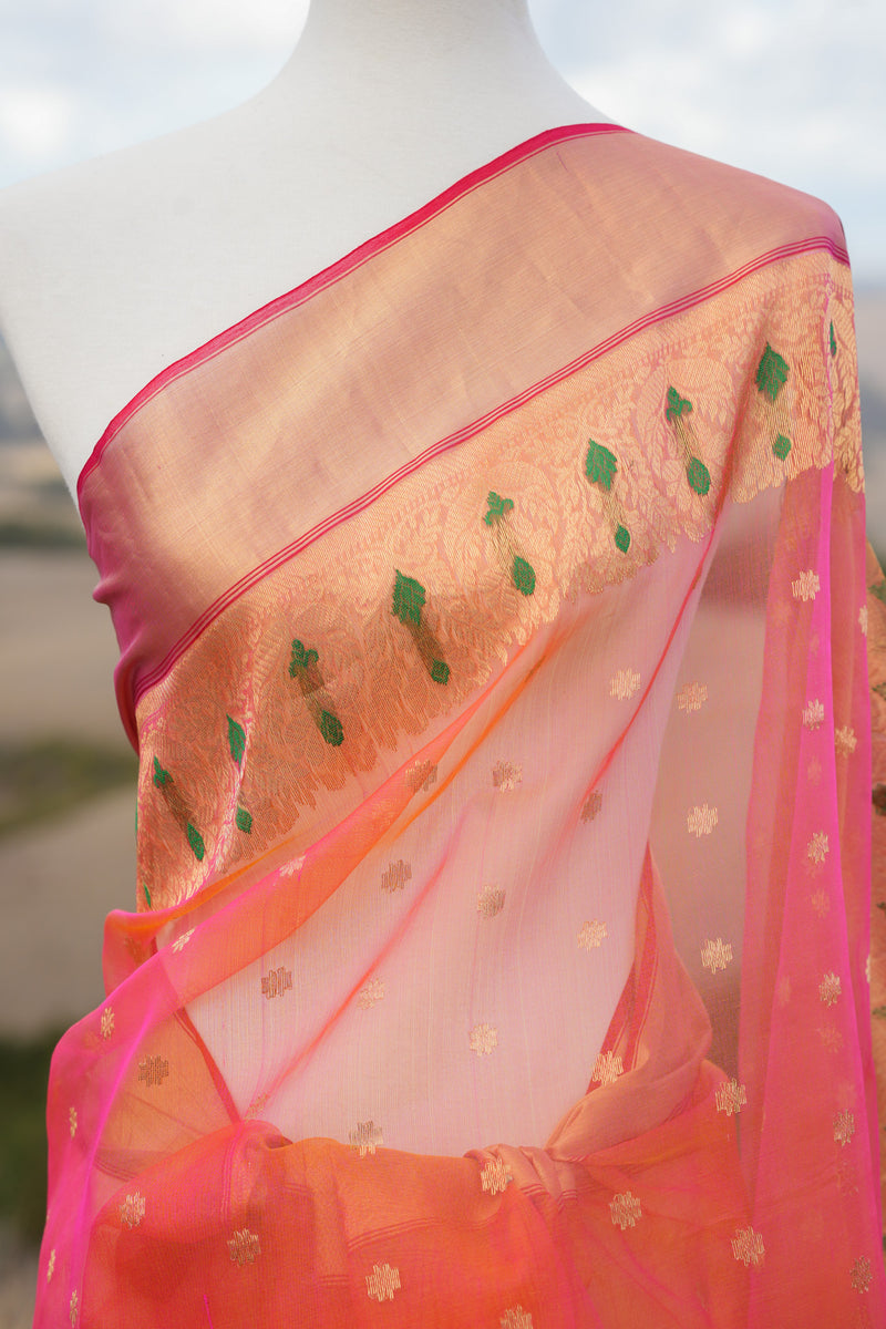 Orange pink short color silk chanderi saree