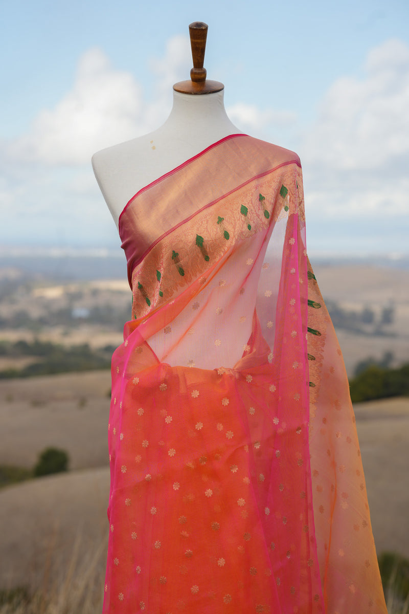 Orange pink short color silk chanderi saree