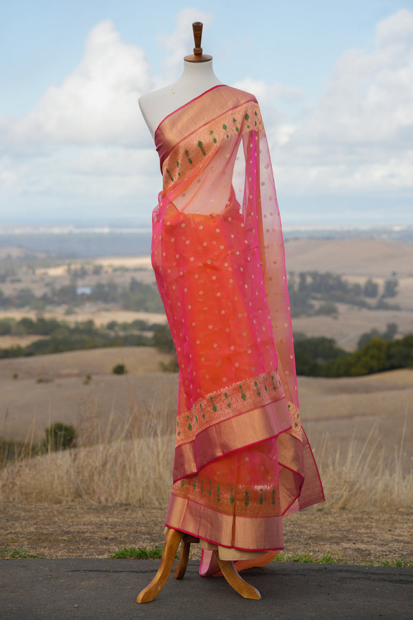 Orange pink short color silk chanderi saree