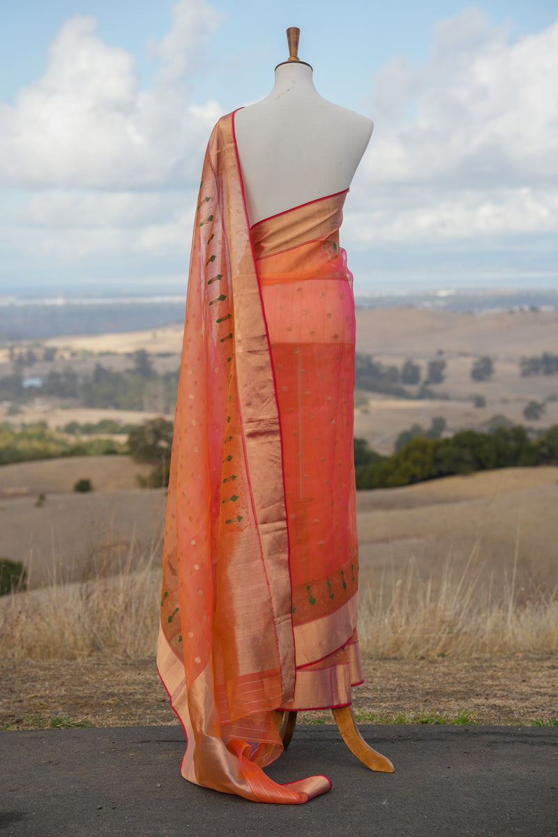 Orange pink short color silk chanderi saree