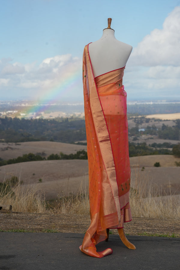 Orange Pink Short Color Silk Chanderi saree