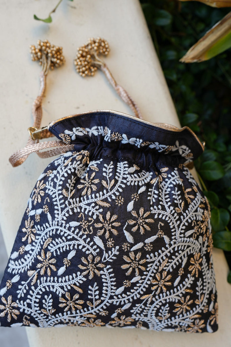 Black Chikankari potli bag