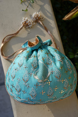 Blue Chikankari Potli Bag