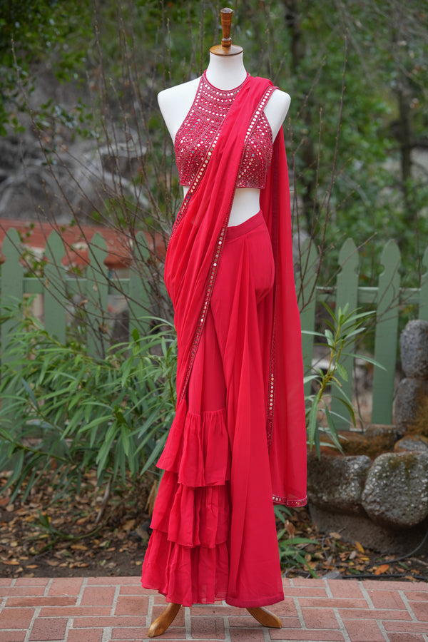 Red Drape Saree with Mirror Work Blouse