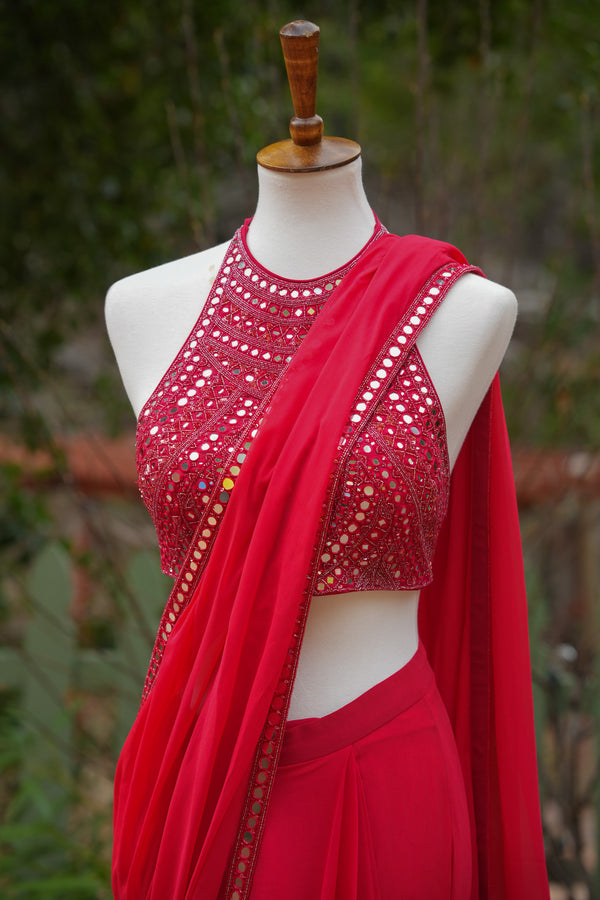 Red Drape Saree with Mirror Work Blouse