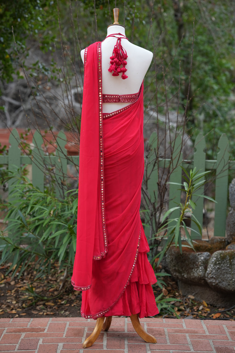 Red Drape Saree with Mirror Work Blouse