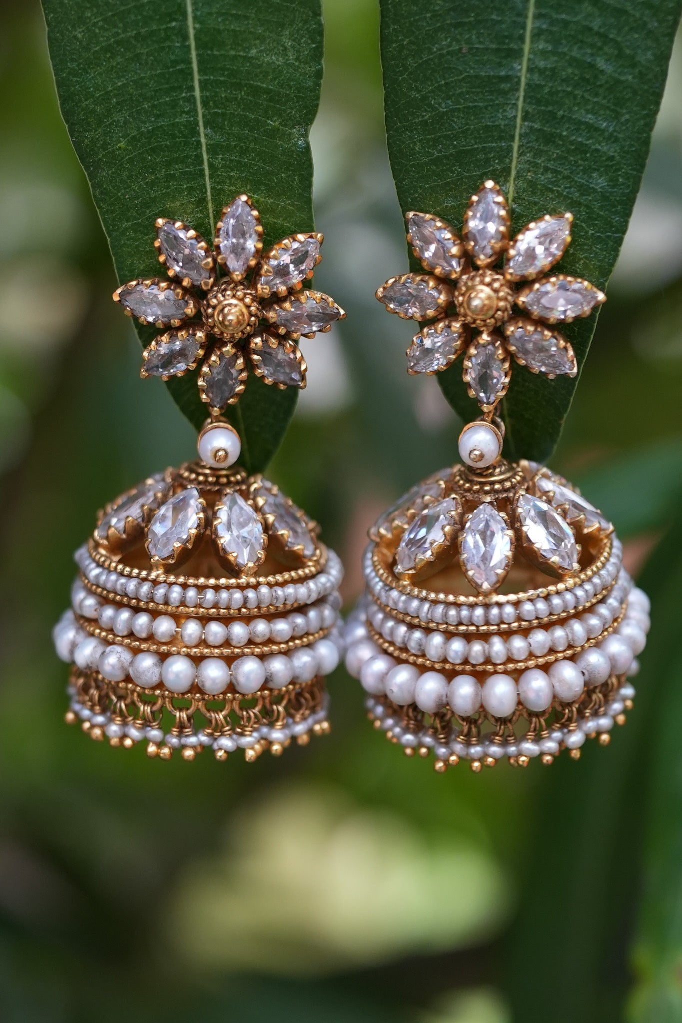 Crystal Bloom Pearl Jhumka Earrings