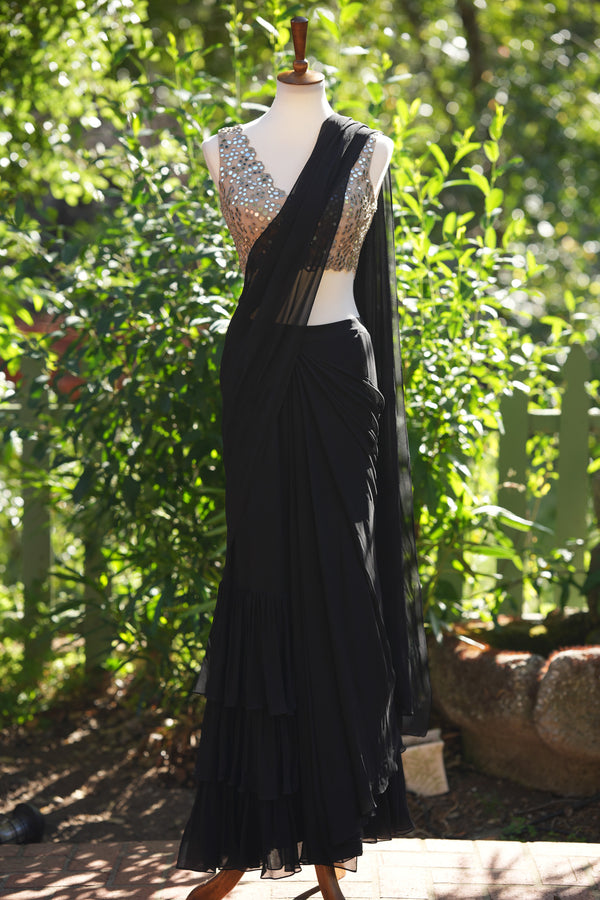 Black Drape Saree with Mirror Work Blouse