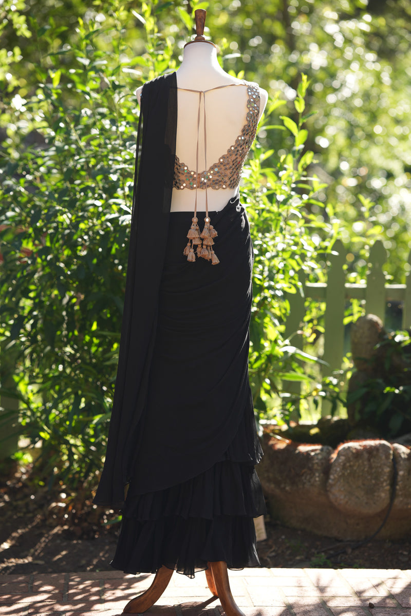 Black Drape Saree with Mirror Work Blouse