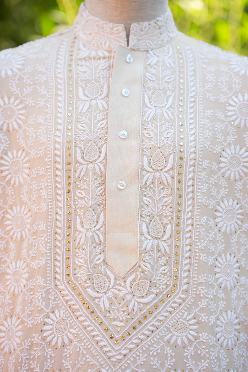 Off White Chikankari Mens Kurta