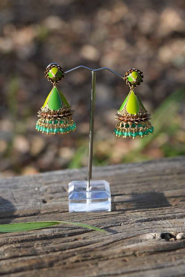 Gold Plated Green Enamel Jhumka Earrings