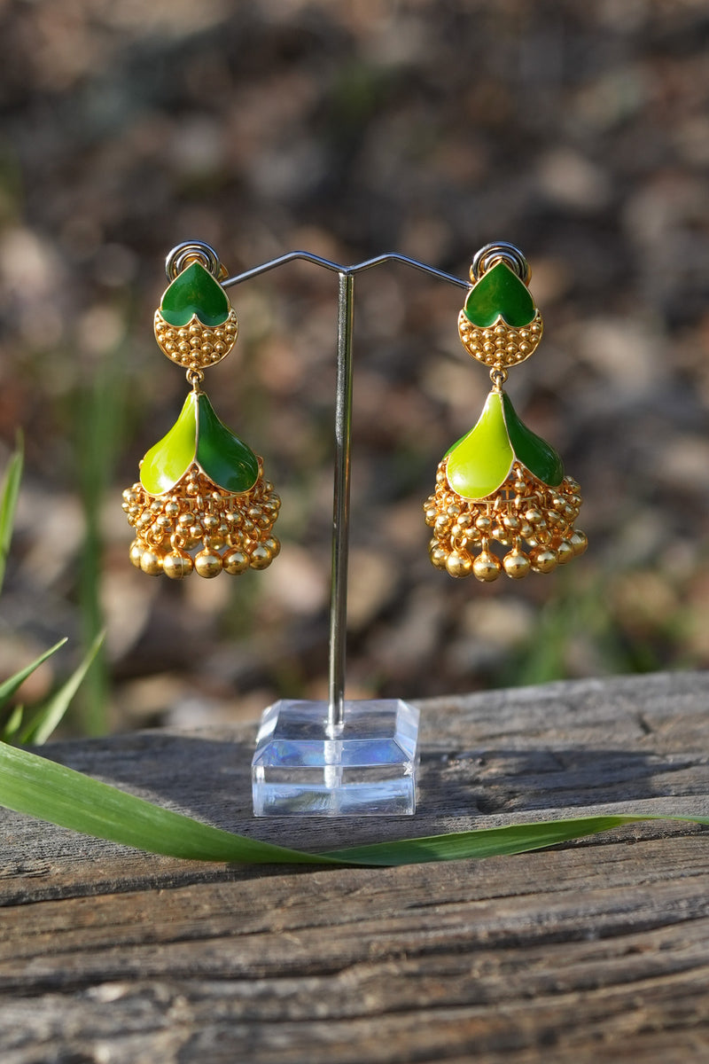 Gold Plated Green Enamel Jhumka Earrings