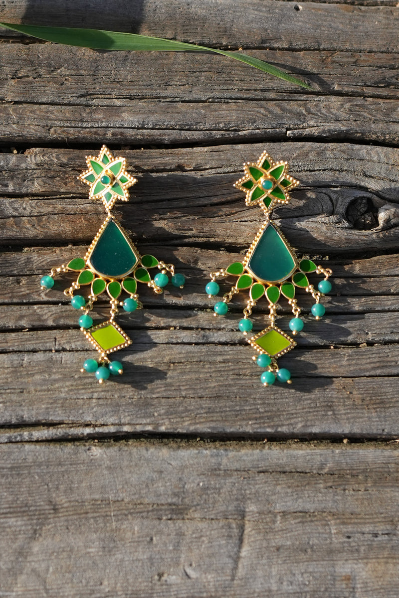 Gold Plated Green Enamel Earrings