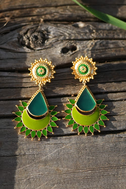 Gold Plated Green Enamel Earrings