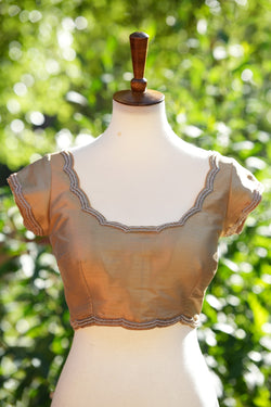 Gold Benarasi Silk Blouse with Pearl Embroidered neckline