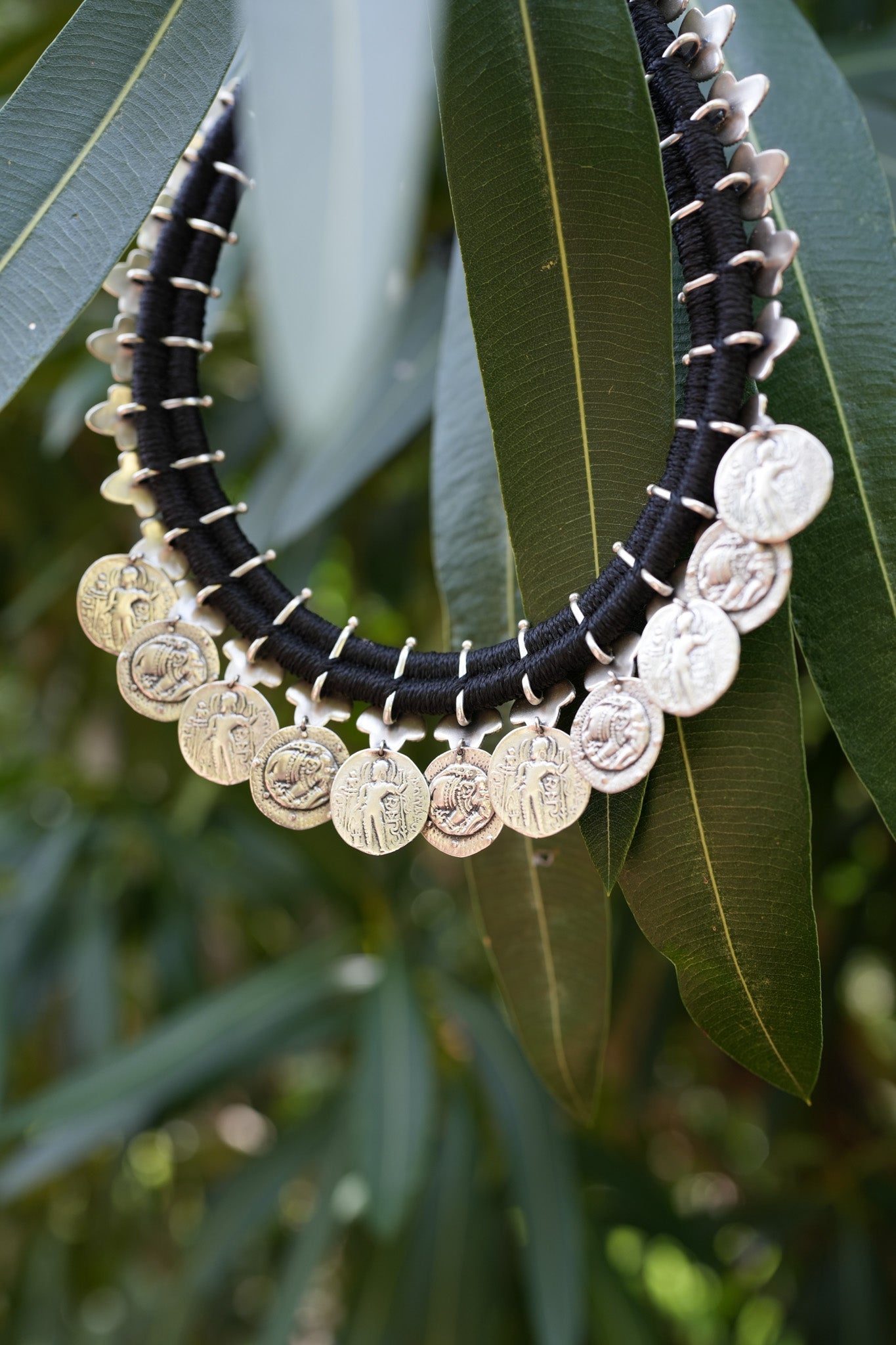 Silver Oxidised Lotus Coin Thread Necklace